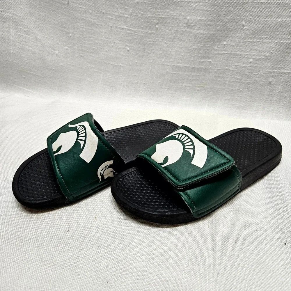 Michigan State Spartans Slides Adult Small Green White Spartan Helmet‎ Sandals
